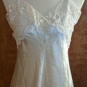 SEVENTEEN Nightgown White Satin Long Gown Slip Women M Adjust Straps Lace Top